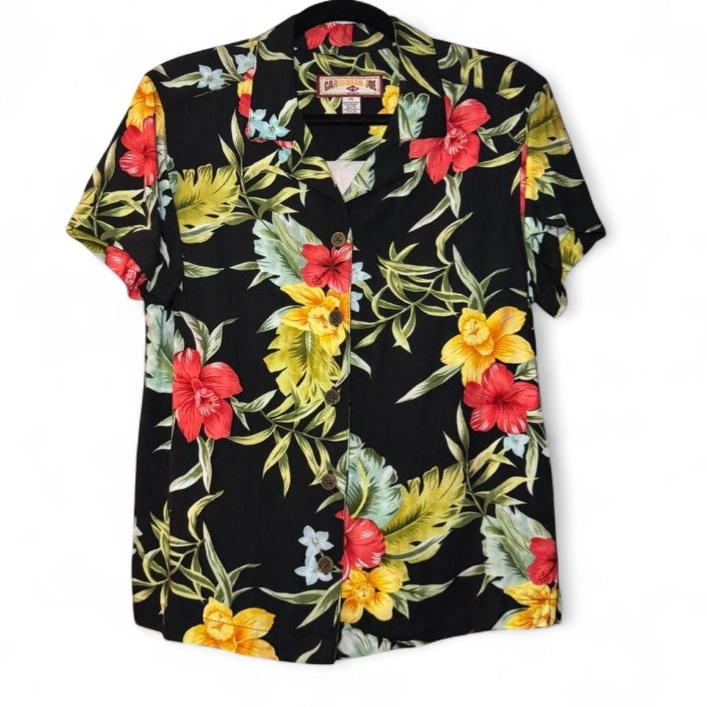Caribbean Joe VTG 90s Red Gold Hibiscus Hawaiian Print Button-Up Shirt — Size P5